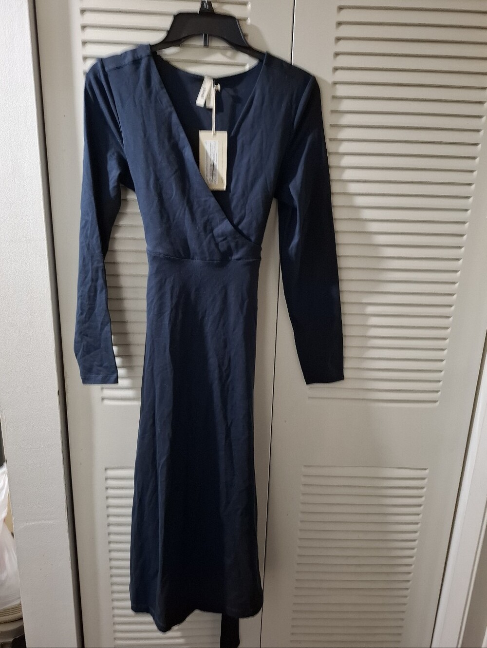 NWT Pact Dress Women's Small S Wrap Dress Navy Blue Fit & Flare Organic Cotton